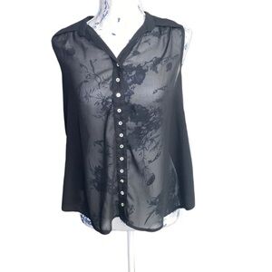 Fun & Flirt Sheer Black Sleeveless Blouse – Tribal Embroidered Accent – Small